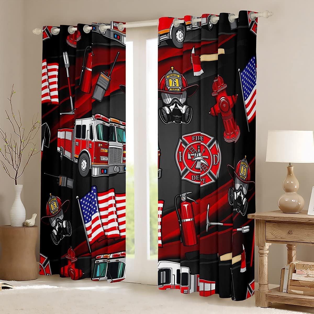 American Flag Window Curtains,Cartoon Fire Truck Window Drapes for Kids Teen Girls Boys,Fire Fighting Supplies Fire Extinguisher Window Treatments Grommet Top 2 Panel Set Curtains, 42Wx63L inch