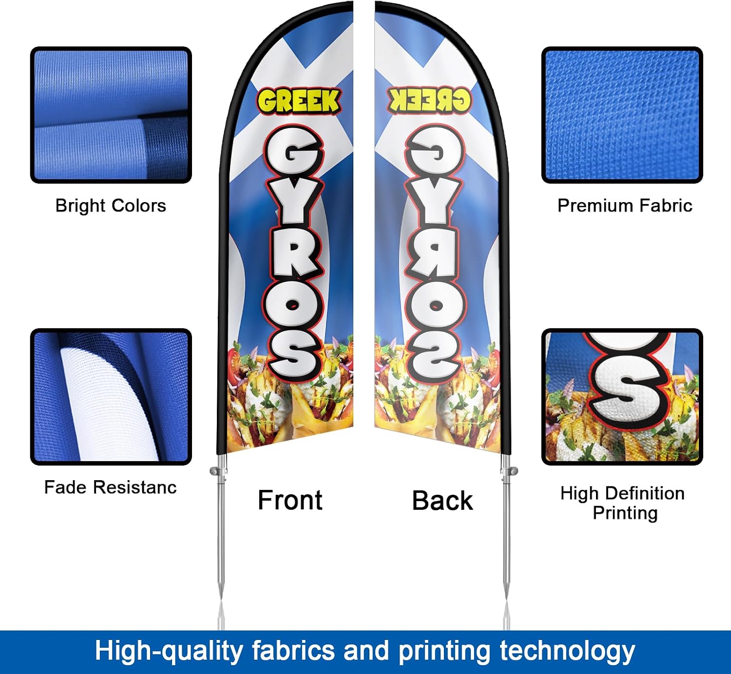 Greek Gyros Flag for Business, Greek Gyros 8FT Polyester Advertising Swooper Flag with Aluminium Alloy Flag Pole Kit, Stainless Steel, Ground Spike, Portable Bag