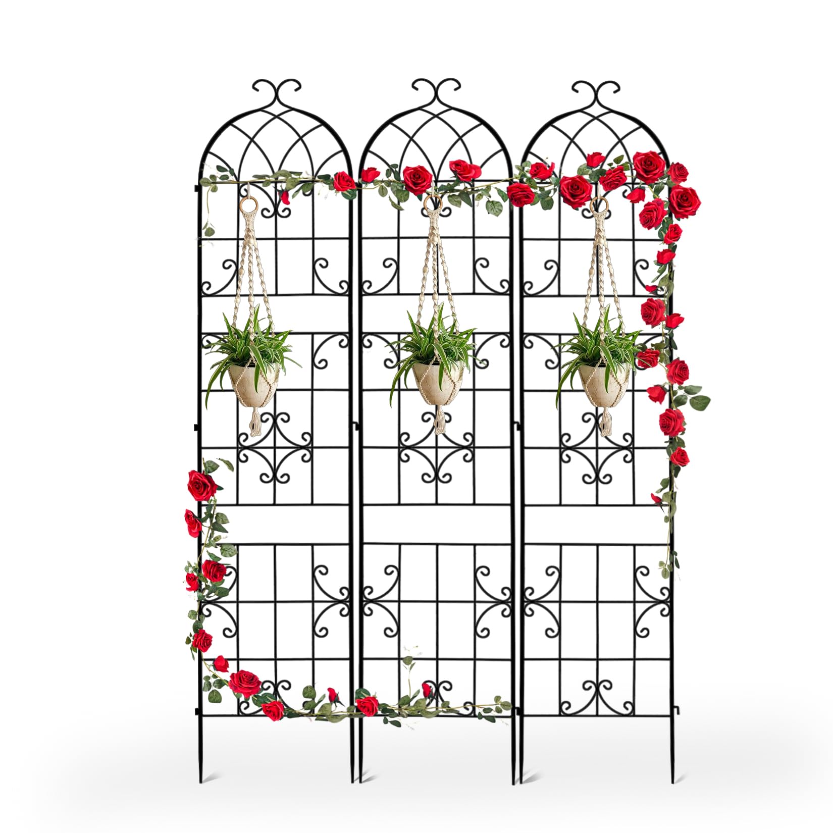 unho 3 Pack Garden Trellis Panels for Climbing Plants, 220cm Tall Metal Iron Plant Support, Black Rustproof Outdoor Trellis for Garden, Patio, Balcony & Lawn