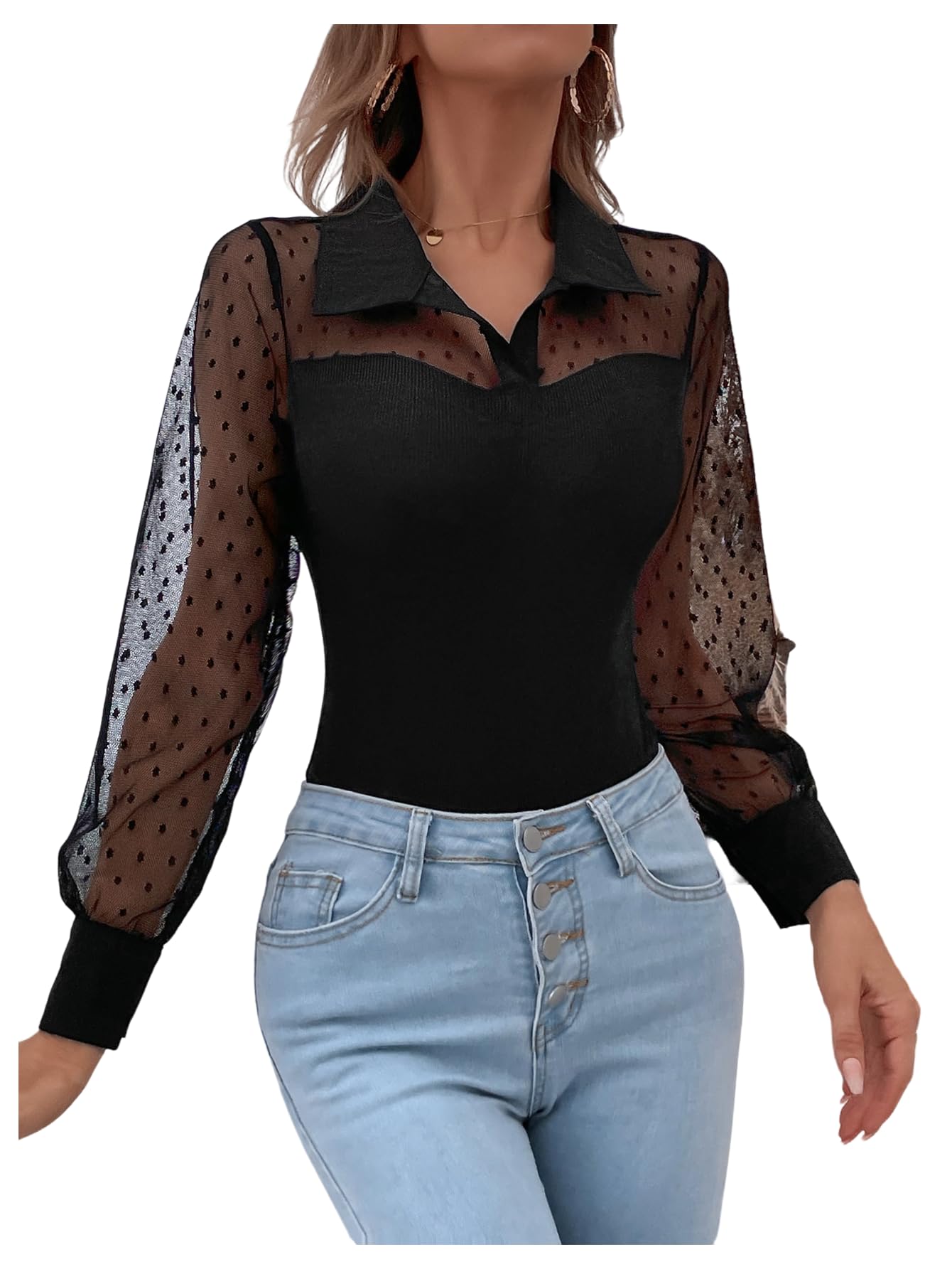 Women's Polka Dots Sheer Mesh Bodysuits Long Sleeve Lapel Collar V Neck Leotards Jumpsuit
