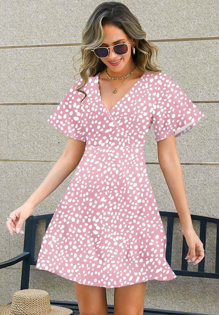 ETCYY NEW Womens Summer Dresses Slant Open V Neck Floral Printed Sundresses Flowy Dress Short Sleeve - Image 3