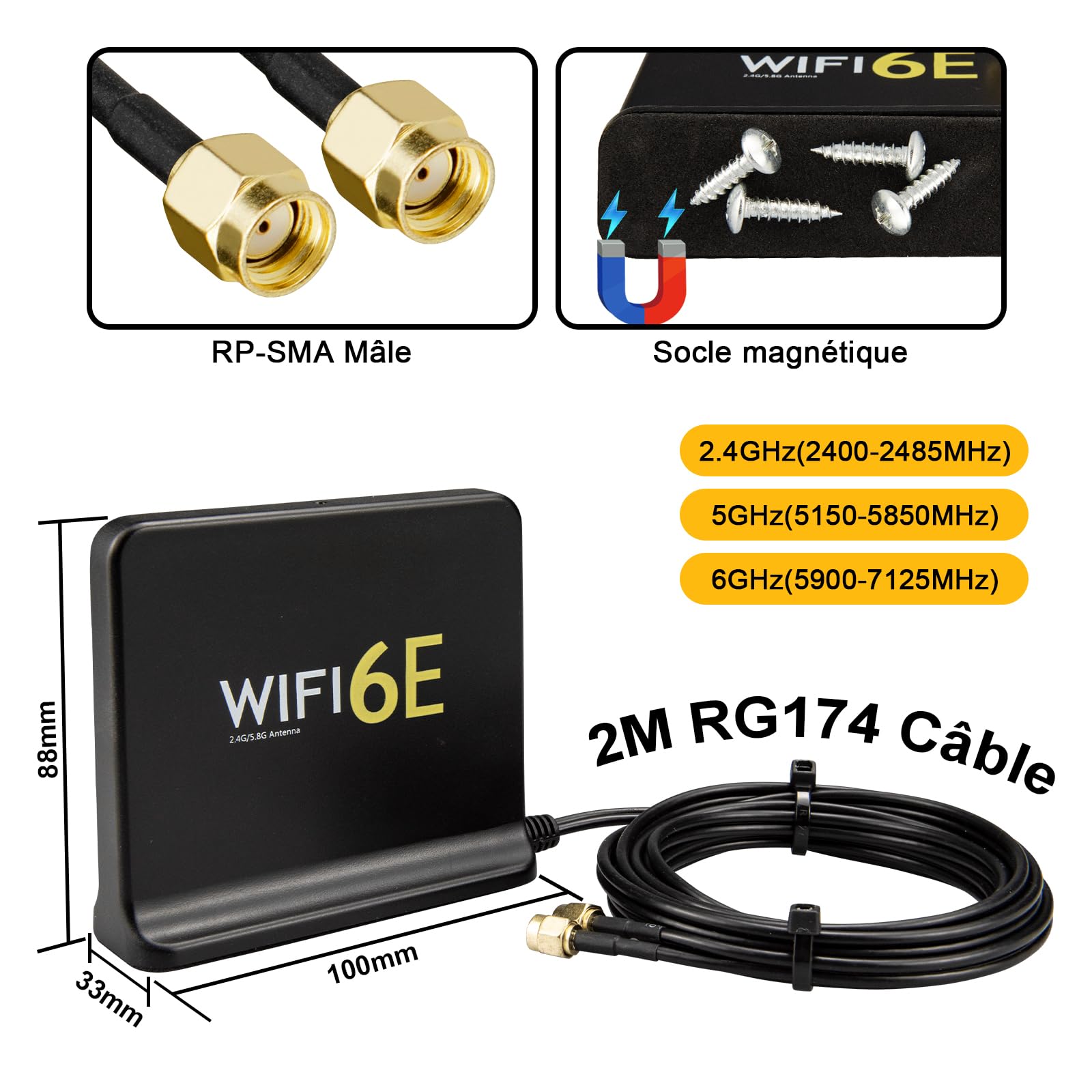 Antenne WiFi 6E MIMO Tri-Bande 2.4 GHz 5 GHz 6 GHz avec Base Magnétique Antenne WiFi 8 dBi Câble RP-SMA 2M pour Cartes Mères PCIe/PCI, PC de Bureaux Caméras de Sécurité Points d'Accès Sans Fil