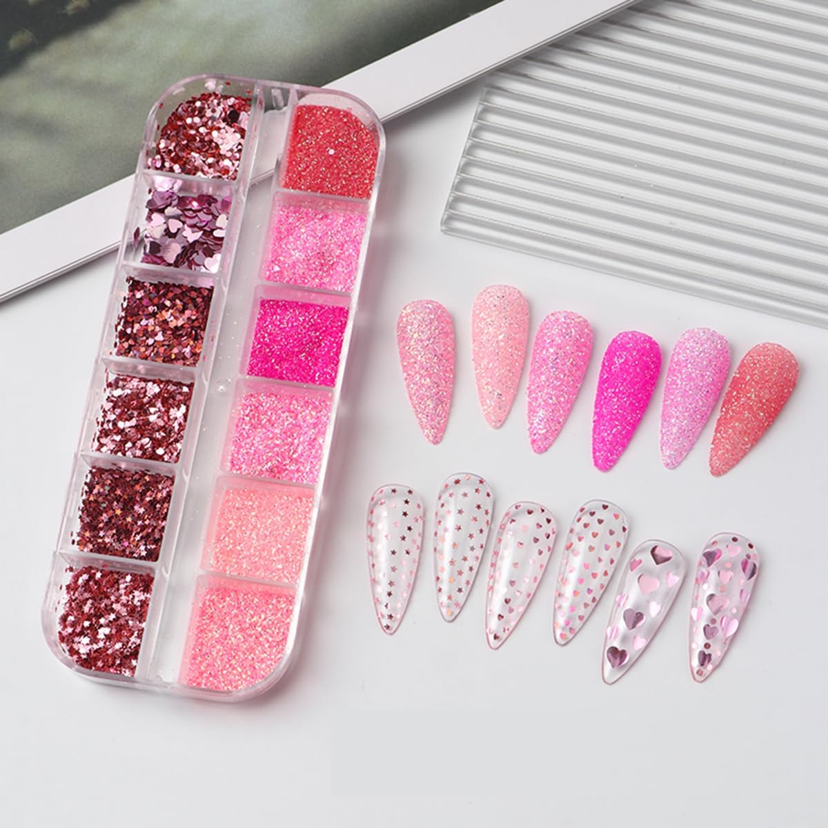 Valentines Holographic Nail Glitter Foils, 12Grid Red Sparkly Foil Nail Art Flakes Design, Laser Heart Nail Sequins Acrylic Supplies for Women Girls Manicure Charms Decor, DIY 3D Nail Art Tips