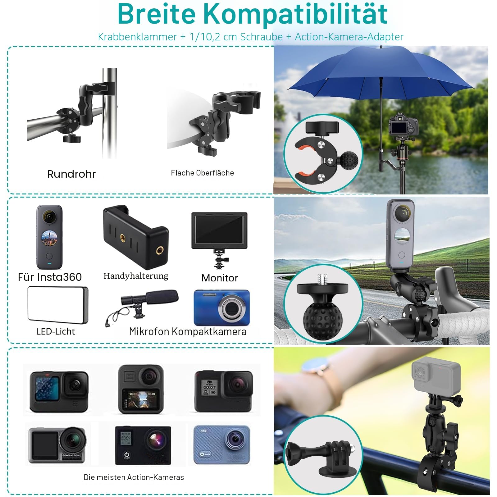 UNSTINCER Action Kamera Halterung für Gopro Insta360 DJI, mit Selfie Stick | Motorrad Fahrrad Bike Motorcycle Rennrad ATV MTB Lenker Camera Klemme Mount, Doppelklemme Third Person Halter, Double Clamp