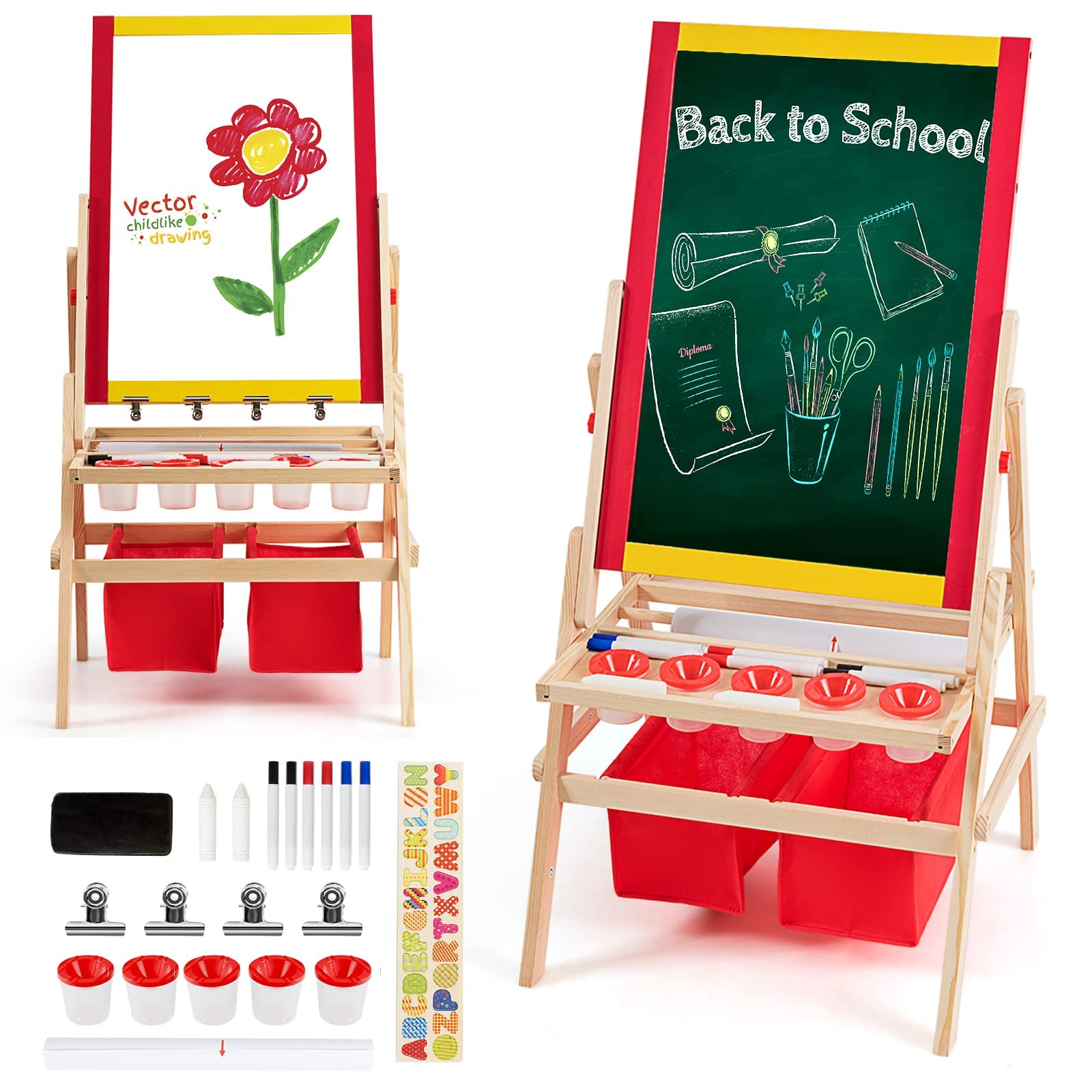 RELAX4LIFE Cavalletto per Bambini, Lavagnetta in Legno di Pino Double Face, Cavalletto Pittura per Bambini con Struttura Triangolare Stabile, Lavagna Multiattività con Lettere, 52,5x51,5x106,5 cm