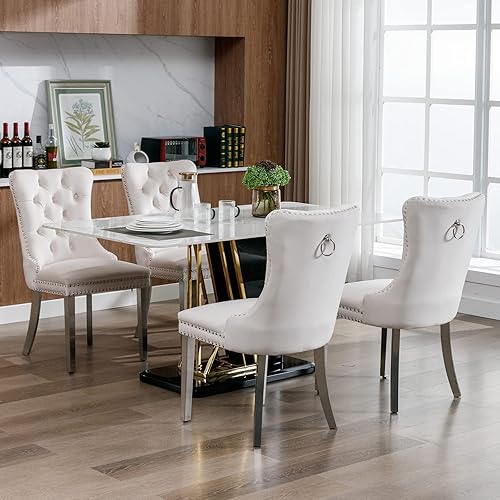 Miniatura 2 de Juego de 2 sillas de comedor tapizadas de lujo, sillas de cocina beige con patas de metal plateado, silla de comedor con respaldo copetudo de
