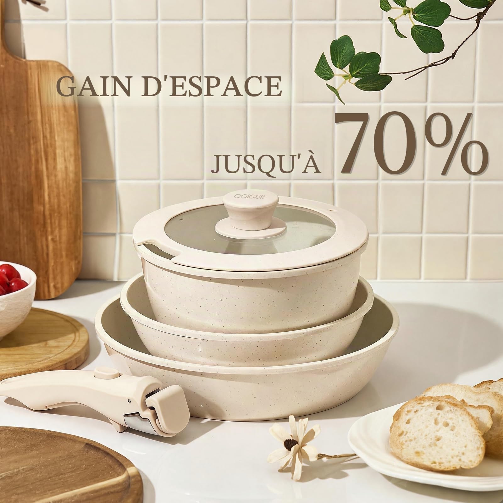 Set de 8 Pièces Casseroles et Poêles Antiadhésifs en Céramique, Sans PFOA — Compatible avec Induction/Gaz, Poignées Amovibles, Conception Empilable et Lavable au Lave-Vaisselle Blanc crème