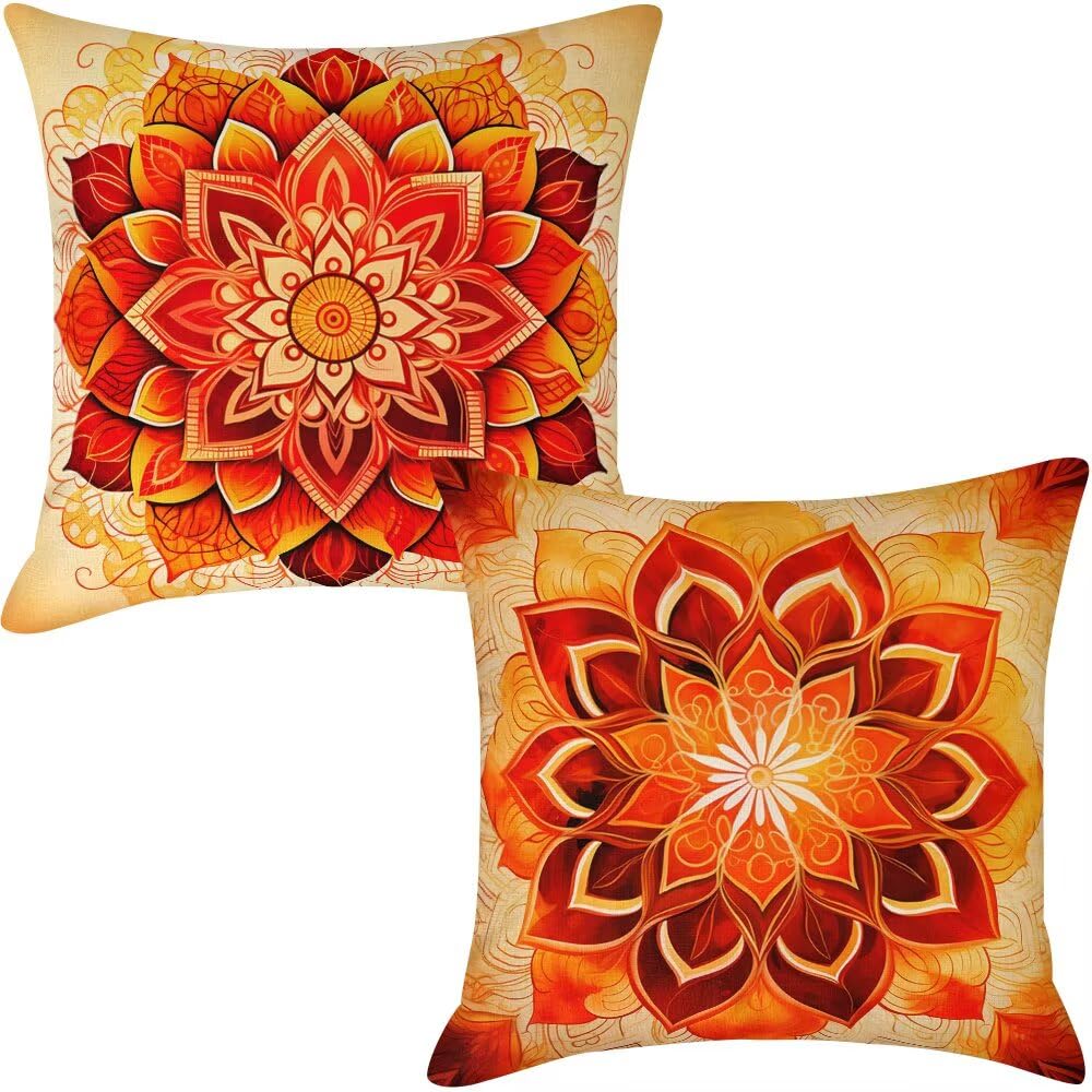 Federe Cuscini da Esterno Impermeabili 65x65 Arancione Copri Cuscini per Divano Mandala Federa Cuscino Boho Decorativi Copricuscini per Divano Giardino Patio Soggiorno Copricuscino Set di 2 (IU301)
