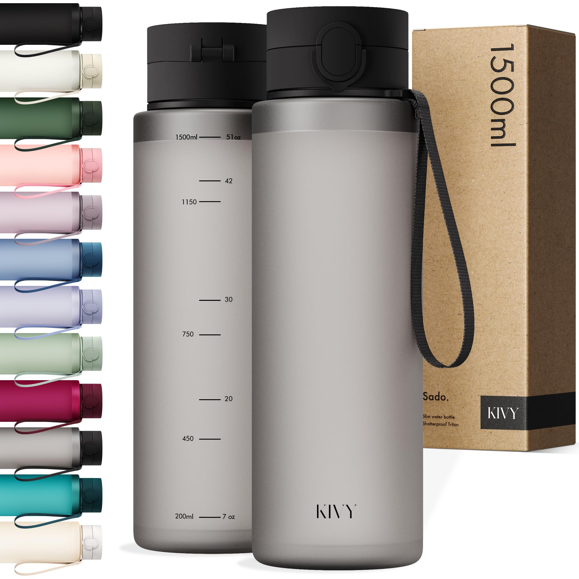 KIVY Trinkflasche 1,5 Liter - Kohlensäure geeignet & Auslaufsicher - Für Sport, Schule & Büro - Sport Trinkflasche Gym - Wasserflasche 1,5 Liter Sprudel geeignet - Spülmaschinenfest