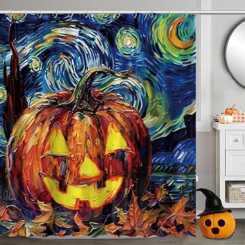 Halloween Pumpkin Shower Curtain for Bathroom Scary Colorful Night Home Decorations Sets with 12 Hooks Waterproof Polyester 71" x 71"