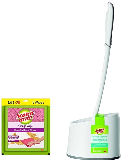 Scotch-Brite Sponge Wipe 5 Pcs Pack (Multipurpose) & Premium Toilet Plastic Brush with Round Container (Blue/White) (Blue/White) Combo