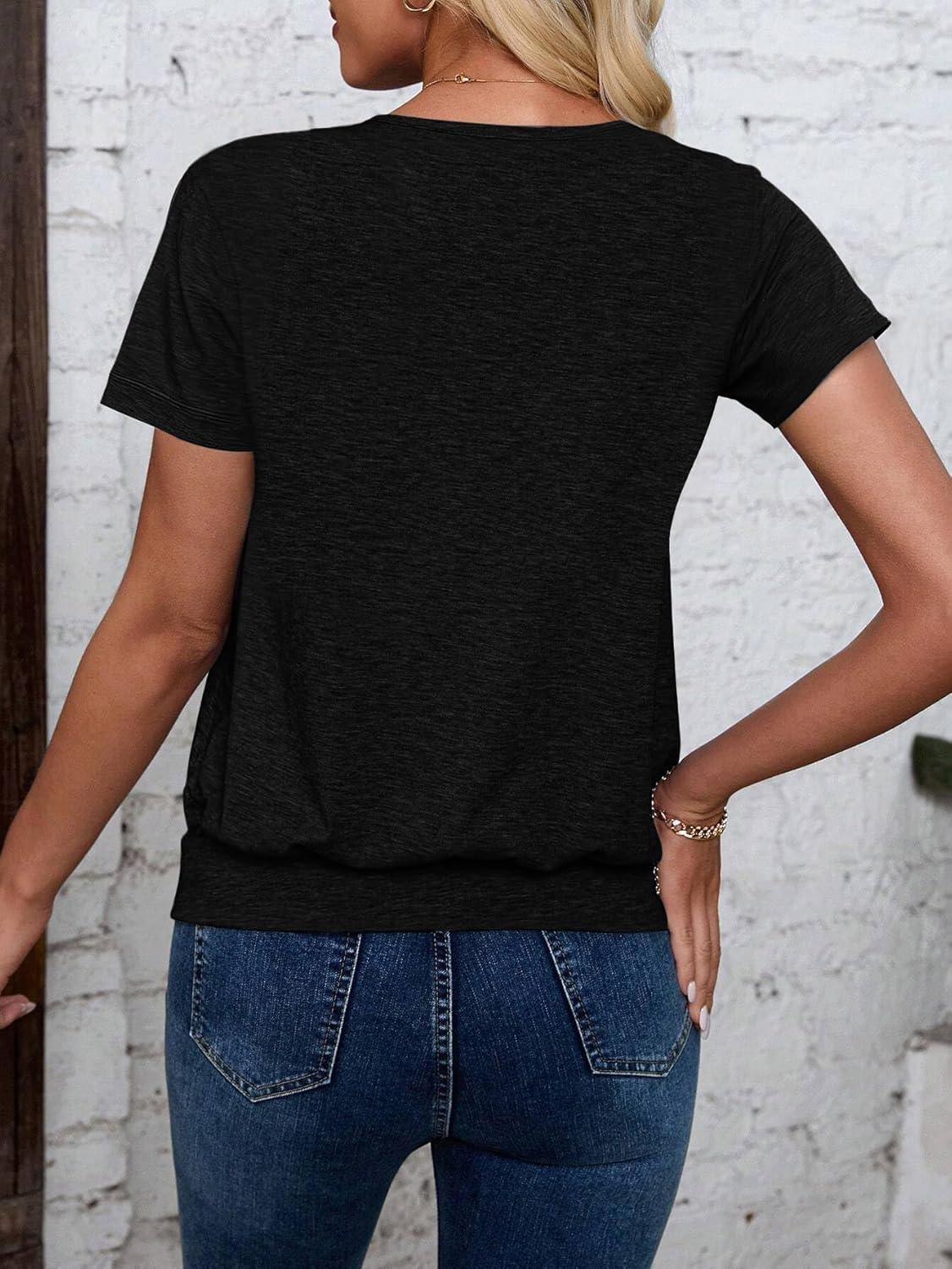 Short Sleeve Women T Shirts V Neck Tops Fashion Banded Bottom Tops Summer Spring Outfits Beach Vacation Clothes 2026 - Image 2