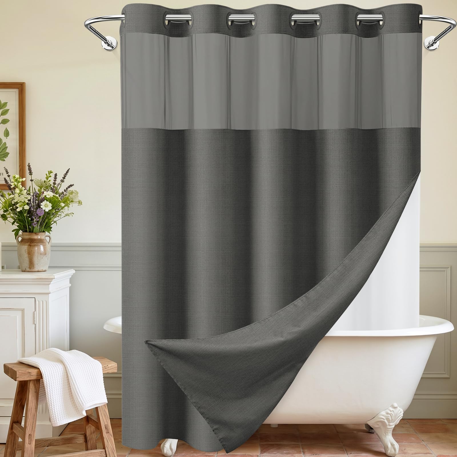WONICY Cortina de ducha larga sin gancho con forro a presión, juego de cortina de ducha de tela de poliéster resistente con textura de lino, cortinas de ducha impermeables de lujo para baño, 71