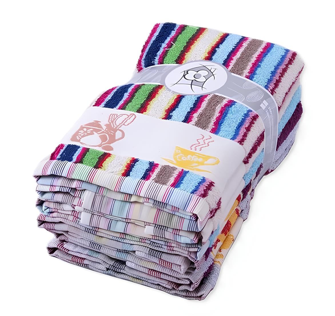ZD Paños de Cocina RIZO 100% Algodón Multicolor Rayas Con Dibujo Bordado Pack 12 Toallas de Cocina