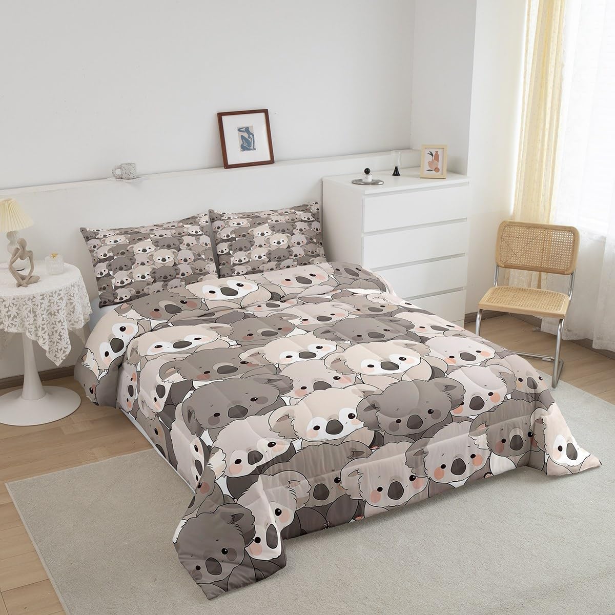 Feelyou Koala Bedding Set Full Size Kawaii Koala Print Comforter for Kids Teens Adults Cartoon Comforter Set Animal Quilt Set Room Decor 3Pcs with 2 Pillow Case