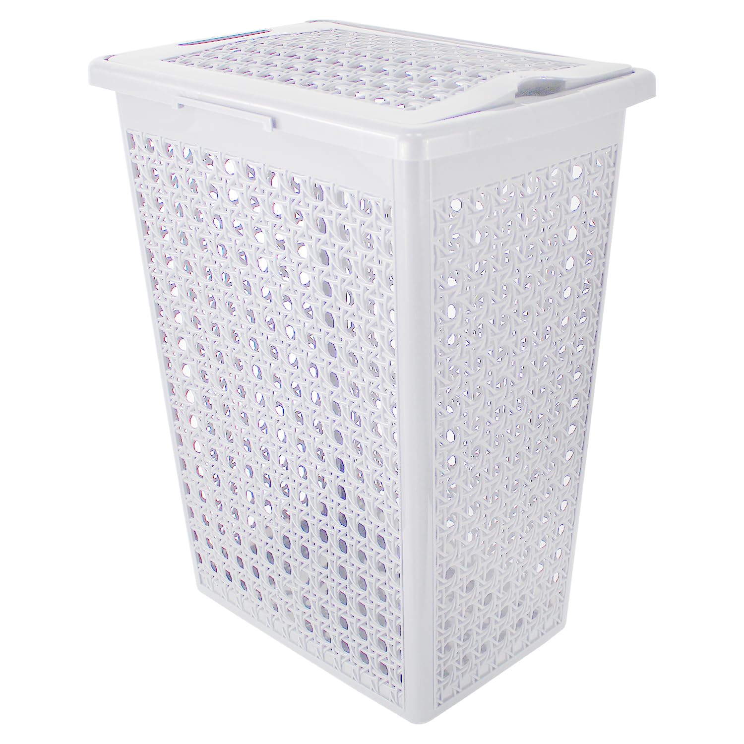 Slimline Plastic Bathroom Washing Basket Laundry Linen 48L Hamper Storage Clothes Bin Hinged Lid Rattan Style (WHITE)
