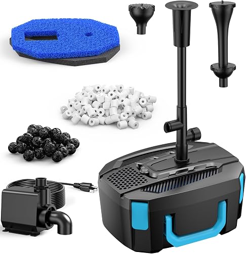 850GPH All-in-1 Pond Pump and Filter Kit for Ponds Up to 750 Gallons | High Flow Submersible Fountain Pump for Koi Ponds, Bird Baths & Water Features, 4-Layer Filters with 3 Spray Patterns -No LED