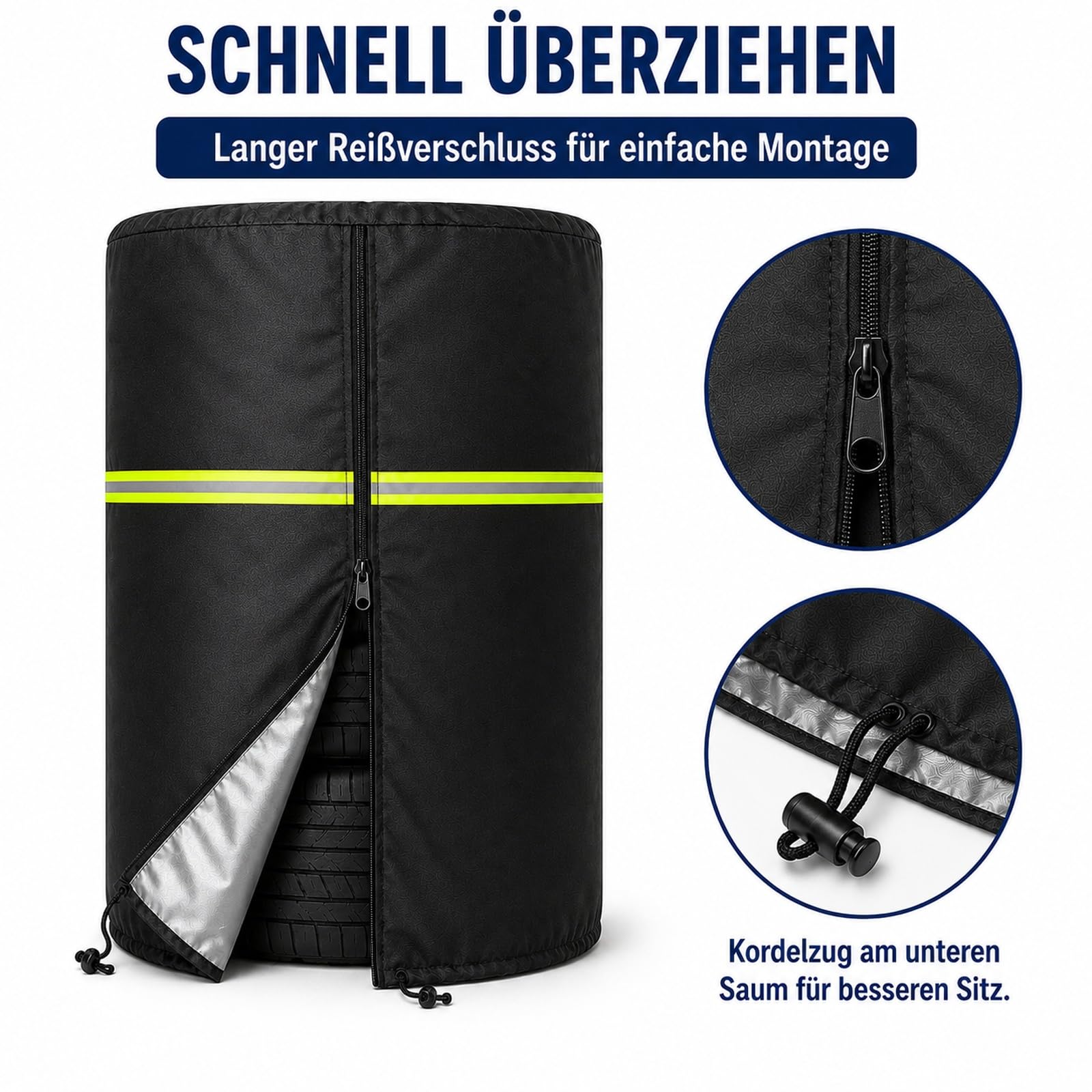 Reifenabdeckung für 4 Reifen Ø84 x H120 cm – 420D Oxford Reifenschutzhülle mit Reißverschluss & Kordelzug, wetterfeste Reifenhülle für Sommer- & Winterreifen, Felgenbaum & Reifenstapel