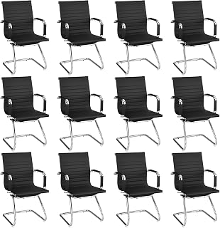 POWERSTONE Office Conference Room Chairs - Reception Chair with No Wheels, Set of 12 Guest Chairs, Black, Metal Leg Sled Base, Mid Back PU Leather, Arms with Leather Case, for Meeting and Waiting