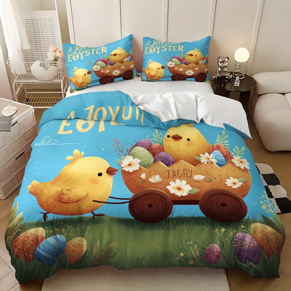 Housse de couette 90x190 cm poussins bleus pour lit enfant 1 personne