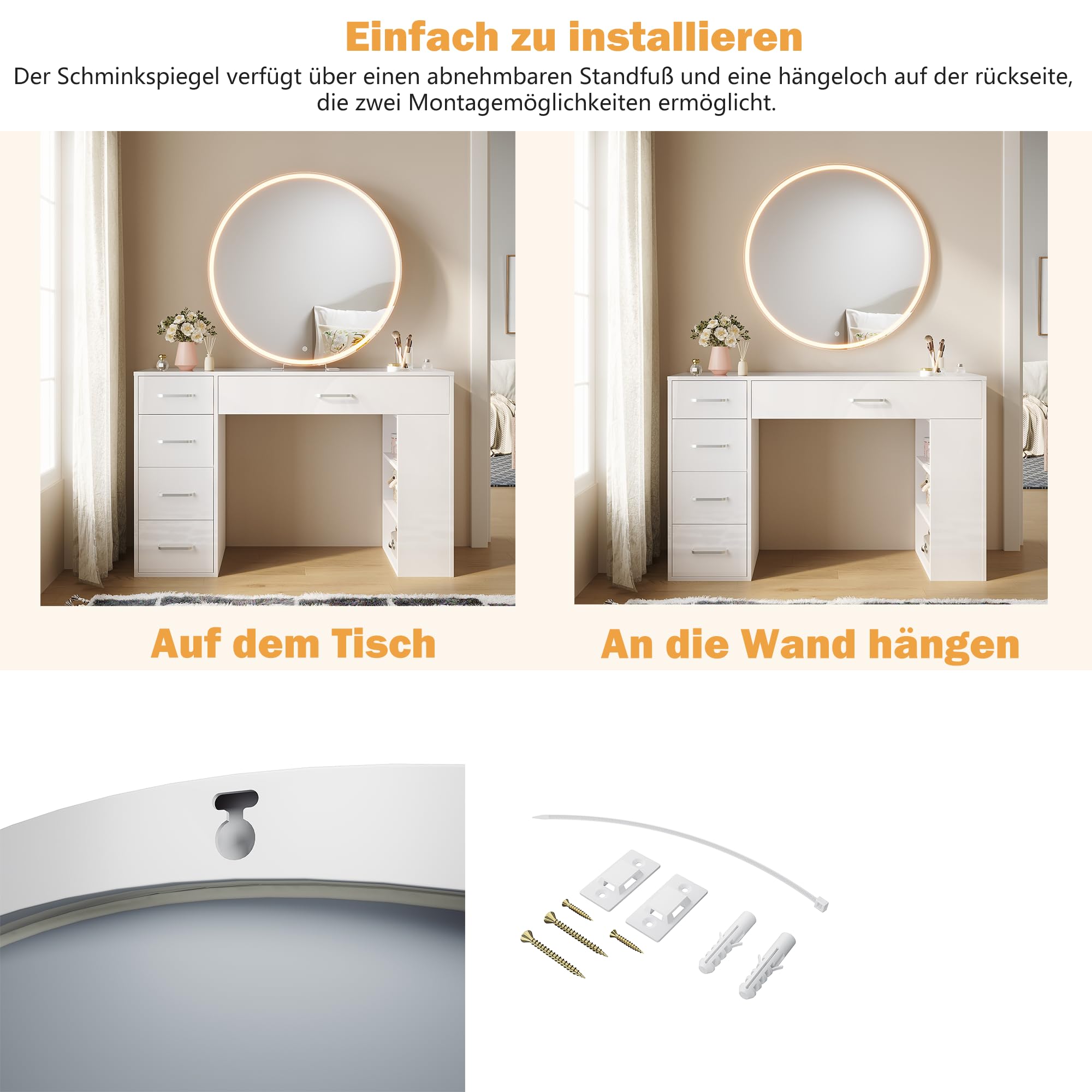 Schminkspiegel mit Beleuchtung Runder 80cm, LED Tischspiegel mit 3 Farbe modi dimmbar, Kosmetikspiegel mit Touchschalter und Steckdose, Abnehmbarer Standfuß, Wandmontage oder Tisch montiert