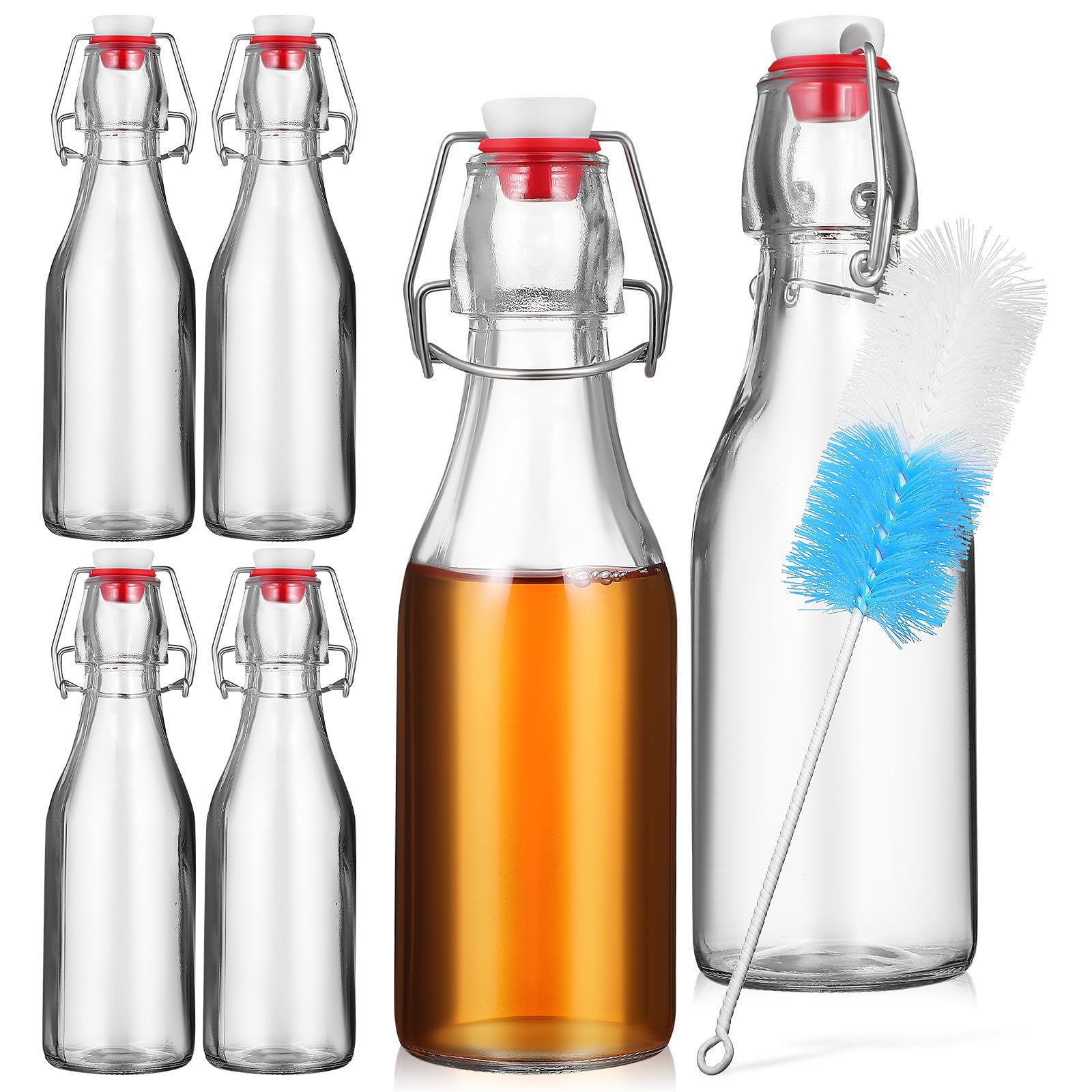 TOYANDONA Juego de 6 Botellas de Vidrio con Tapa Abatible y Hebilla Antifugas, Capacidad 250ml, con Cepillo para Limpieza, Adecuado para Picnic y Barbacoas en Jardín
