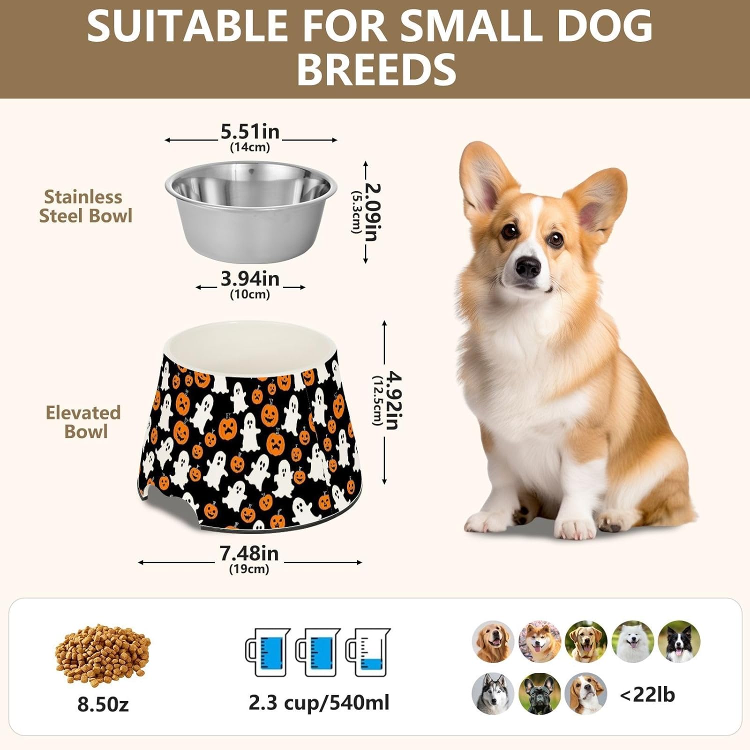 Halloween Pumpkin Raised Pets Water Bowl with Stand Stainless Steel Pets Basic Bowls for Loving Pet Comfort Feeding