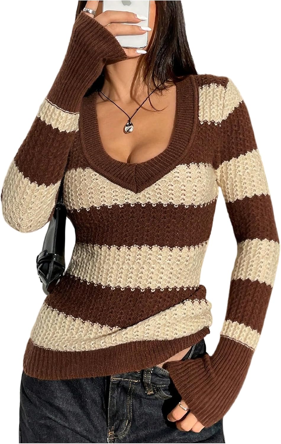 SweatyRocks Women's V Neck Striped Sweaters Long Sleeve Textured Knit Top Slim Fitted Sweater Tops