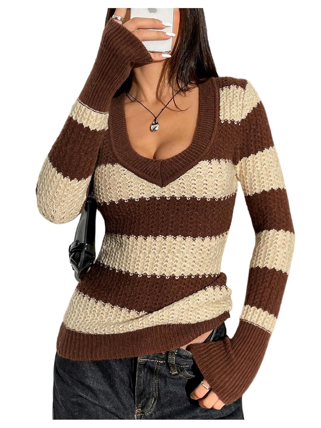SweatyRocks Womens V Neck Striped Sweaters Long Sleeve Textured Knit Top Slim Fitted Sweater Tops