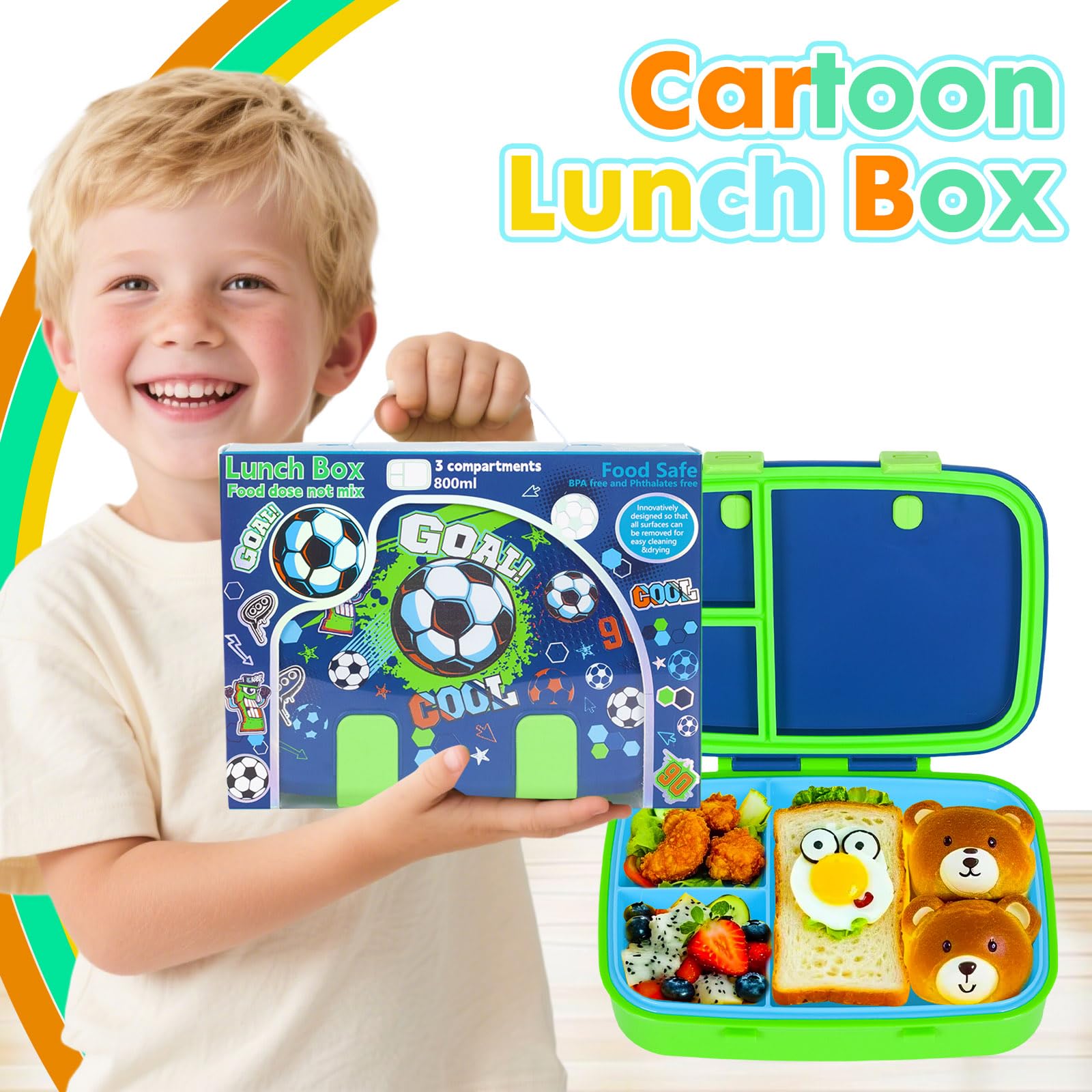 PinkSheep Bento Lunchboxen voor kinderen, 800 ml BPA-vrije lekvrije voedselcontainers voor kinderen met 3 compartimenten (voetbal
