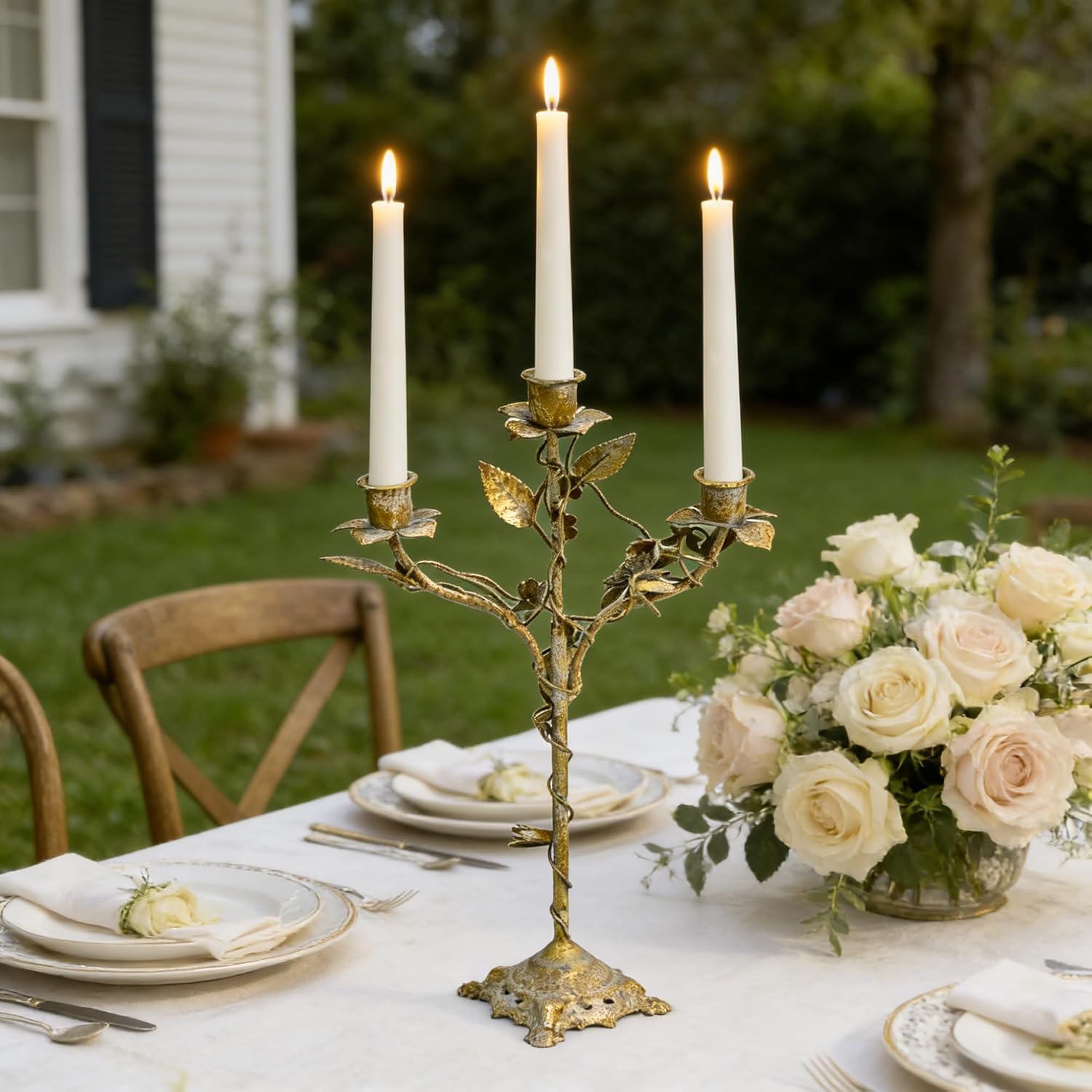 Vintage Lotus Flower Taper Candle Holders Set of 2, Distressed Green Metal Candlestick Stands with Pink Floral Design, Rustic Farmhouse Tabletop Centerpiece for Wedding, Dining & Home Decor