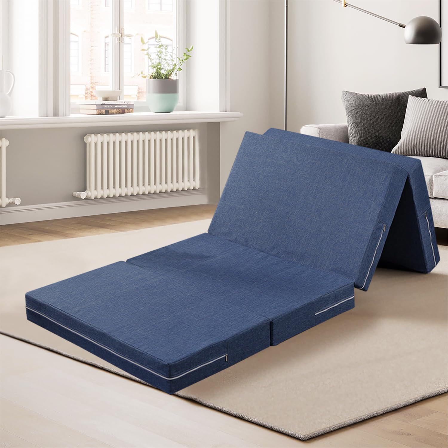 GluckluzFolding Mattress 8cm Thick Medical Foam Mattress Topper 4-Folding Guest Mat Portable Mattress with Breathable & Washable Cover for Single Bed Floor Camping Playroom Nap (Blue, 200 * 90 * 8cm)