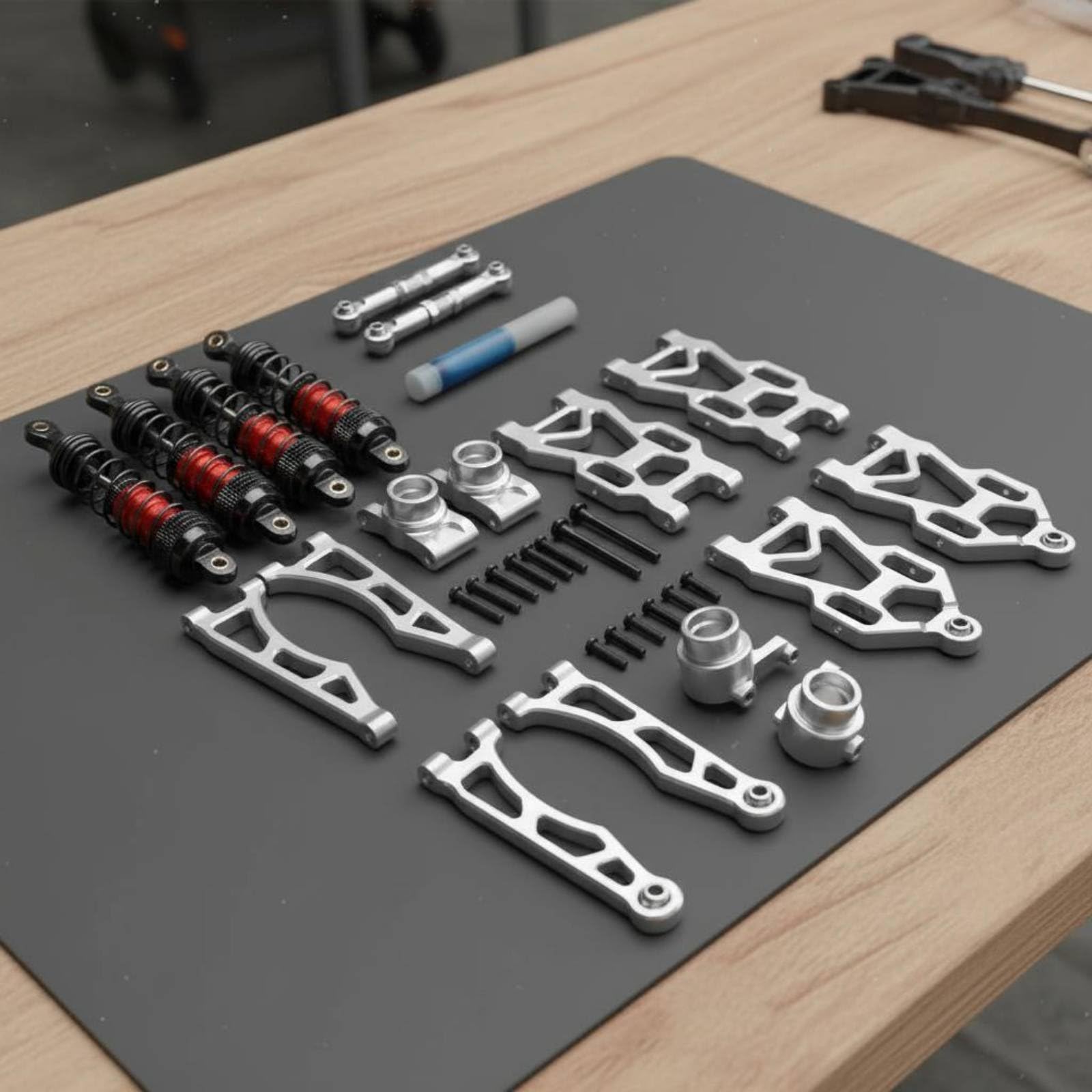 Vehicle Compon Kit Sospensione Auto Radiocomandata Ammortizzatori in Alluminio Regolabili Tiranti Robusti Snodi Sterzo CNC Pacchetto Aggiornamento, Silver