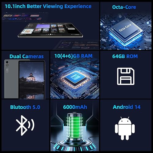 Vista 2 de Tablet Android 14, tabletas de 10 pulgadas, procesador Octa Core, 10GB+64GB+512GB de expansión, pantalla IPS HD 1280x800, Wi-Fi6, cámara dual