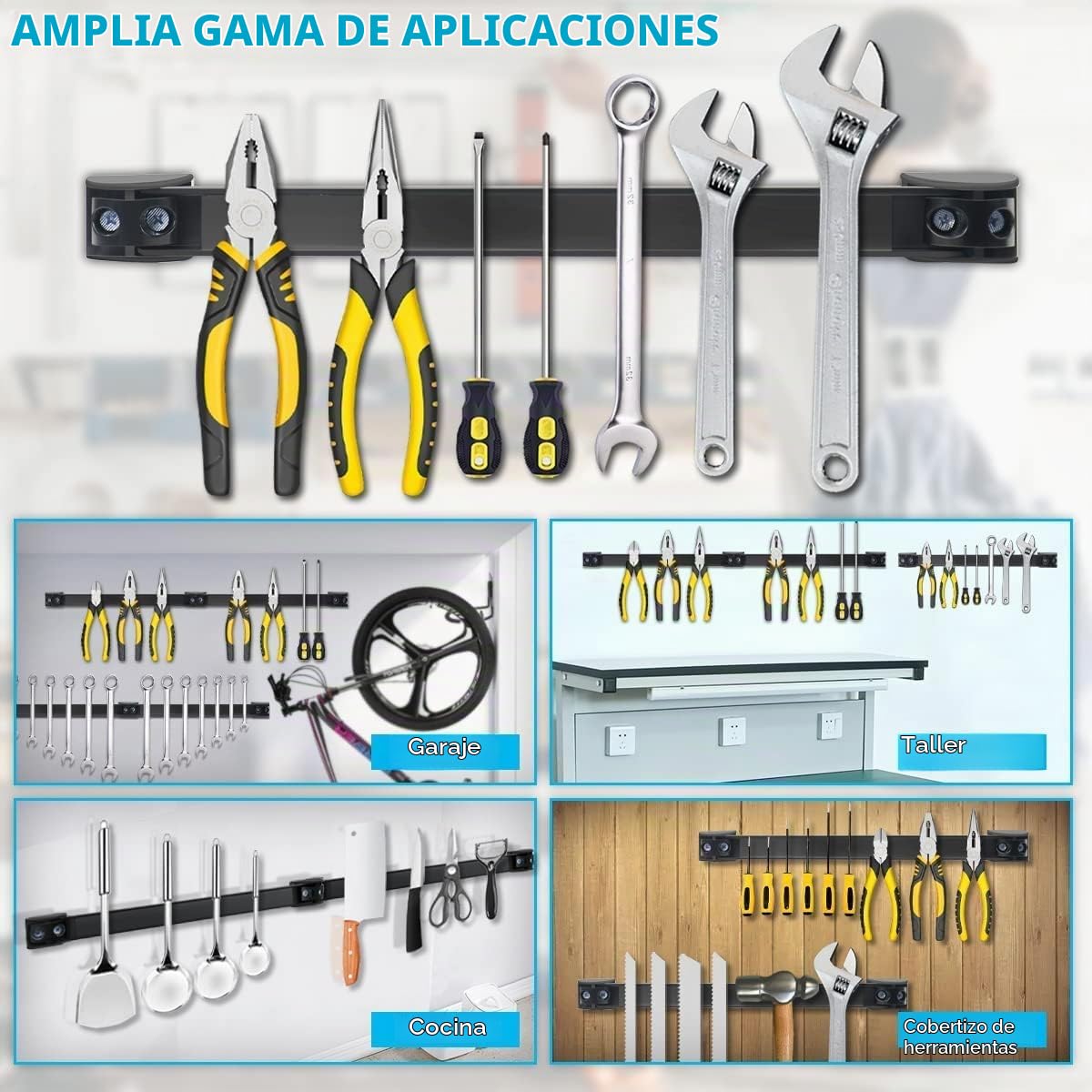 Juego de 5 barras magnéticas para herramientas, 40 cm, riel magnético fuerte, soporte magnético para herramientas de pared, soporte magnético para herramientas de garaje, organización