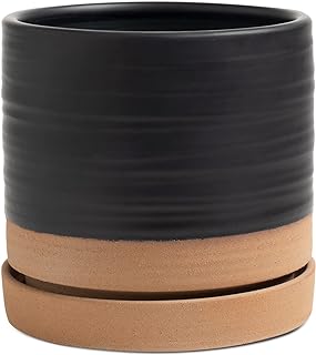 HERDUK 6 Inch Plant Pots, Ceramic Planter Pot with Drainage Hole & Saucer, Indoor/Outdoor Cylinder Round Planter Pot, Matte Black & Brown
