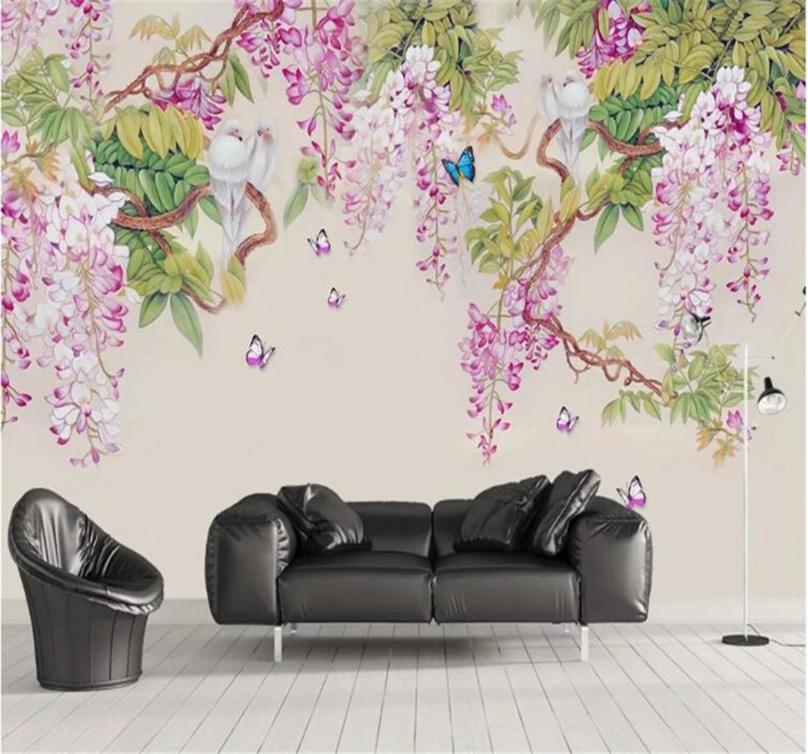 Xlming 150Cm×105Cm(B×H) Hand Drawn Floral Purple Vines Butterflies 3D Wallpaper Luxury Home Dining Decor Paste Sofa Living Room The Wall For Bedroom Mural-150Cm×105Cm