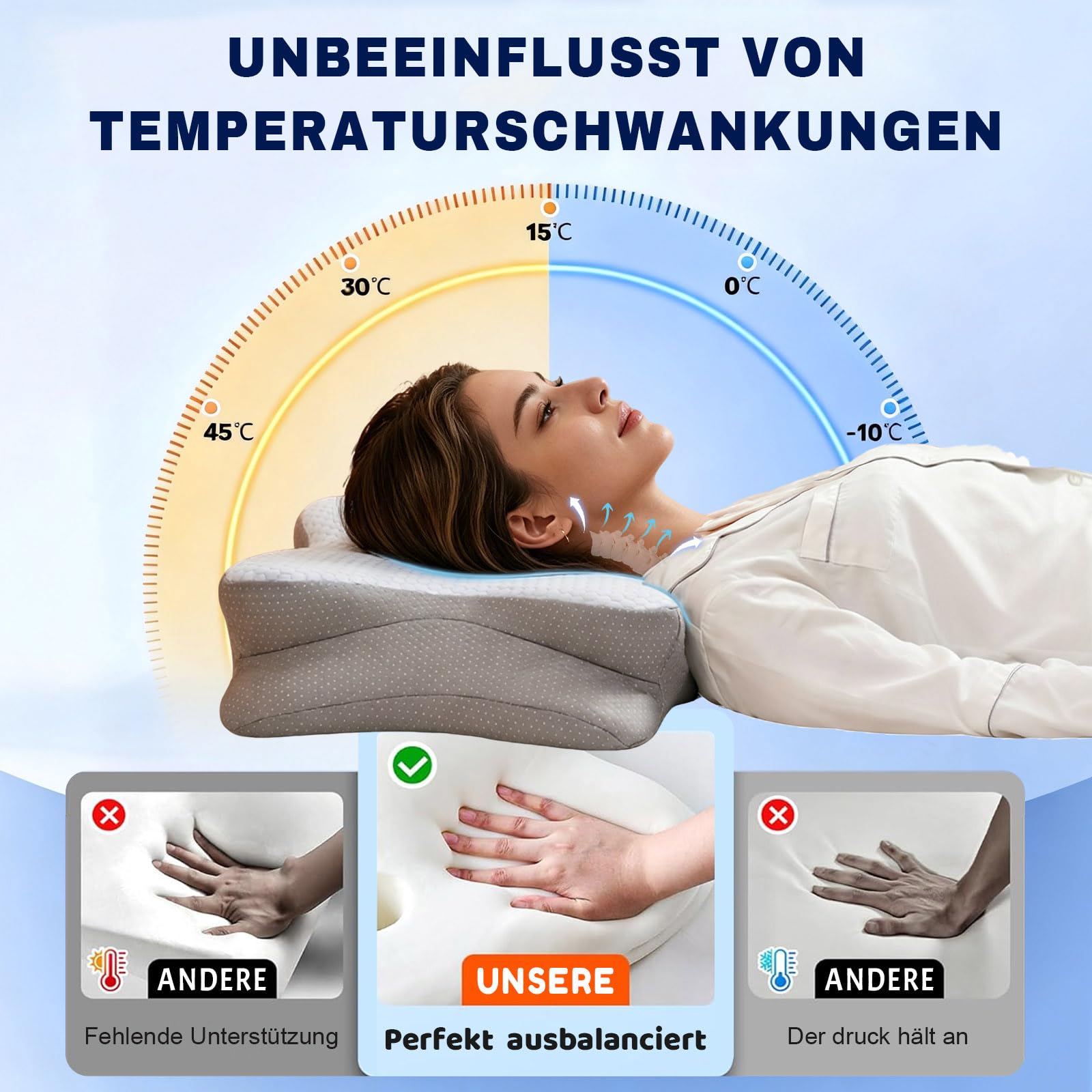 Nackenkissen Kopfkissen - Memory Foam Kissen - Ergonomisch Seitenschläferkissen - Nackenstützkissen für Seiten, Rücken Bauchschläfer, Grau