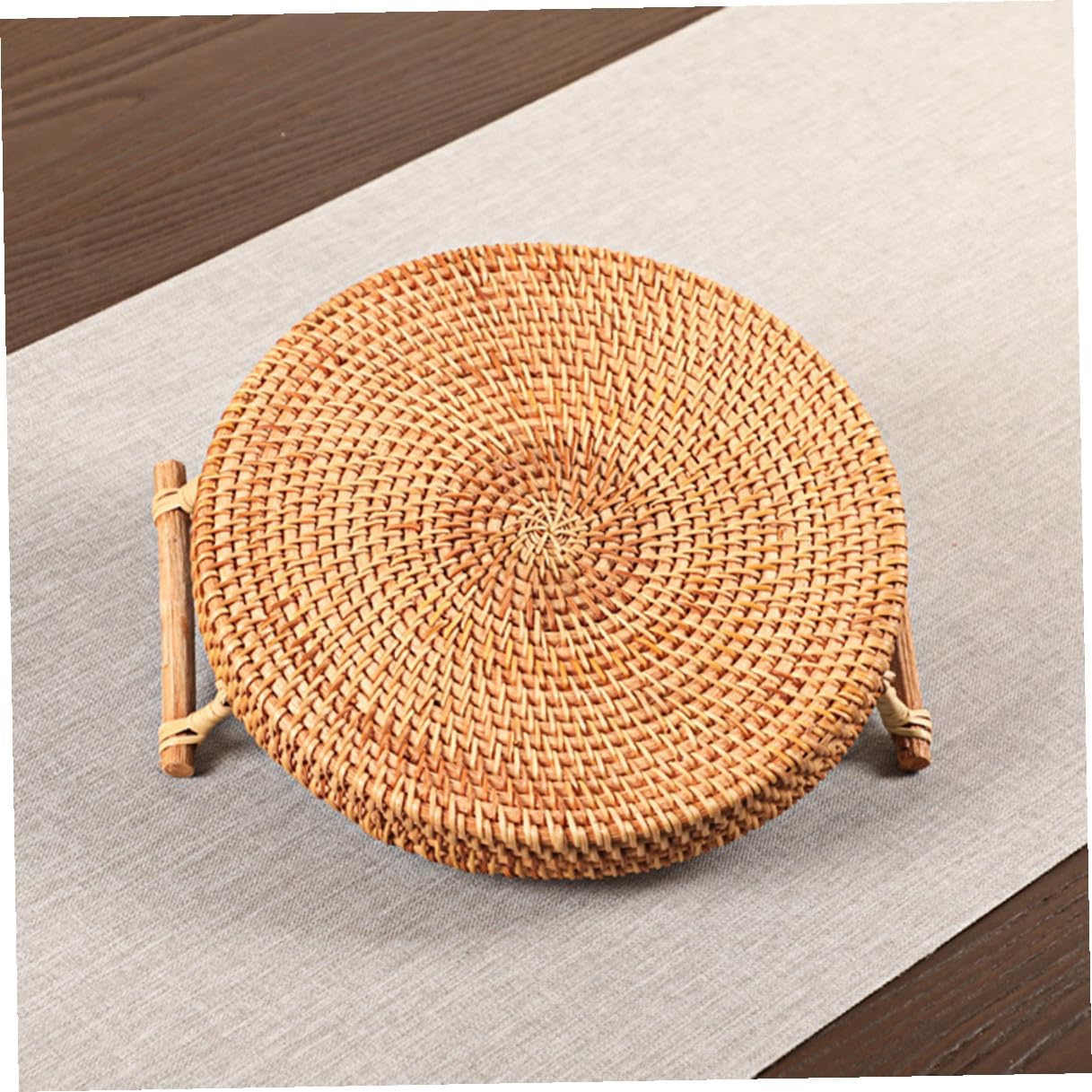 TOYANDONA Handmade Vine Woven round Fruit Plate and Bread Organizer, Natural Rattan Food Basket for Kitchen Storage and Dining Table Display