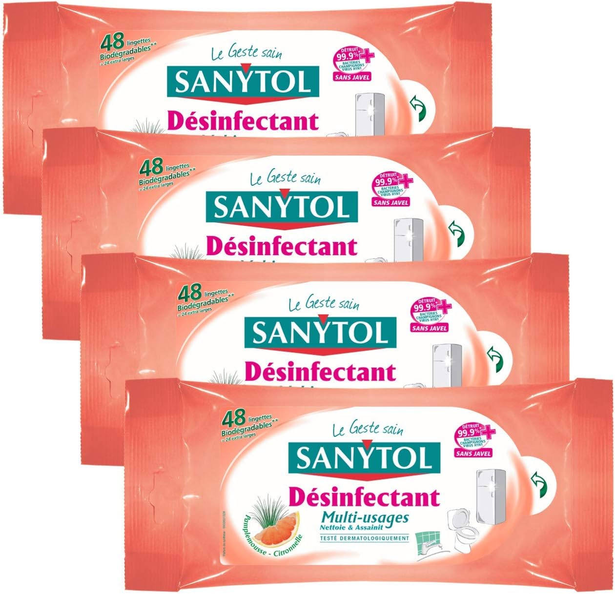 Sanytol Multi-Purpose Disinfectant Grapefruit and Lemongrass 48 Wipes – Set of 4