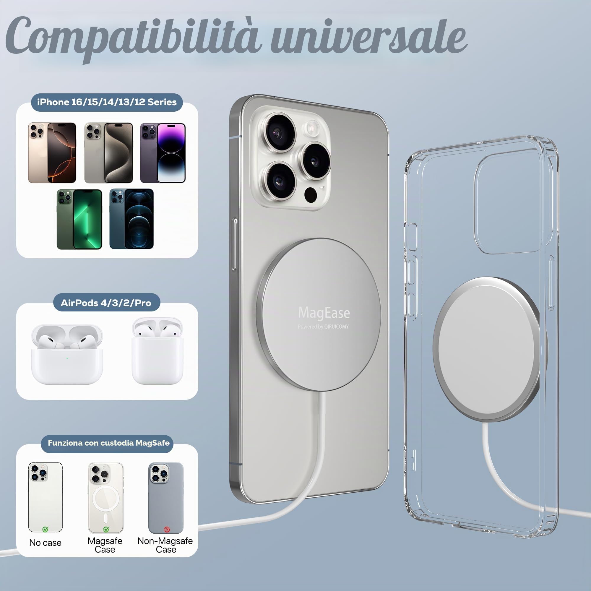 Caricatore Wireless Magnetico 2 in 1 – Design Ultra Sottile in Lega di Alluminio Compatibile con iPhone 16/15/14/13/12 (tutti i modelli) e AirPods 4/3/2/Pro (Bianco)