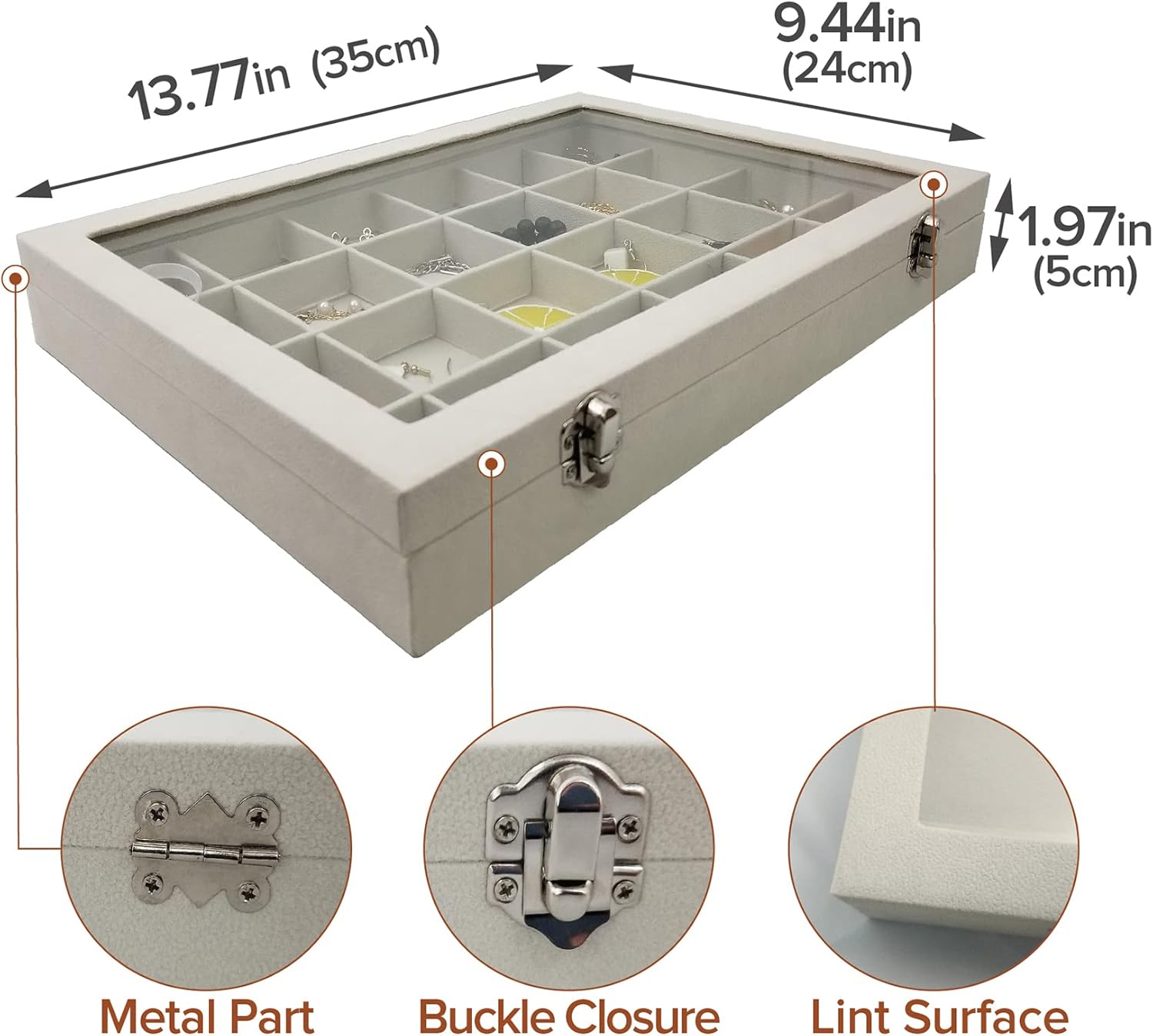 24 Grids Jewelry Box Removable Earrings Rings Organizer Box with Clear Lid for Women Wife (Beige)