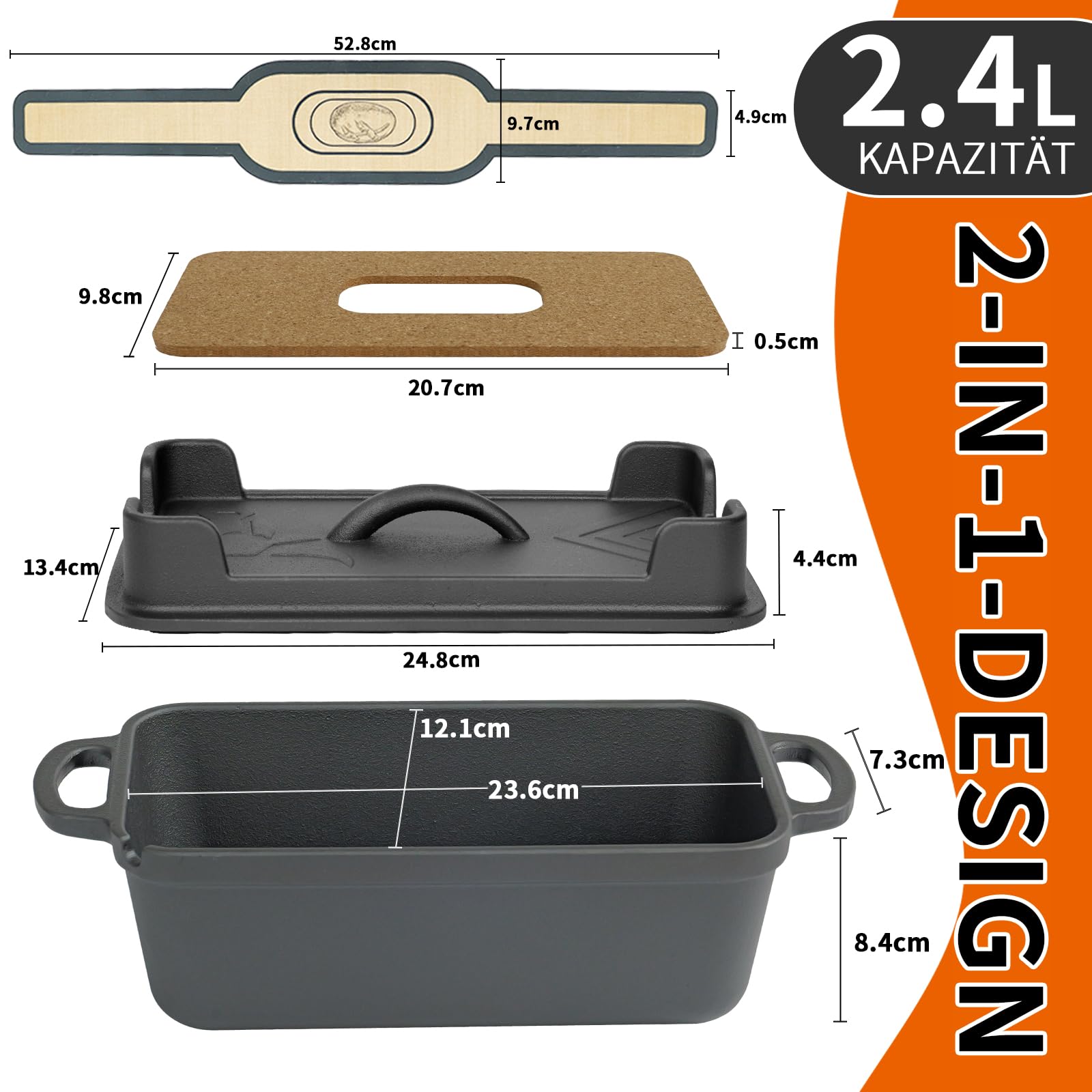 Illidan Gusseisen Brotbackform mit Deckel, 2-in-1 Broodbakvormen Voor Brood,Rechteckig Sauerteig Brotbacktopf - Gusseiserner Topf für Küche Ofen Camping Formen für Brotlaibe