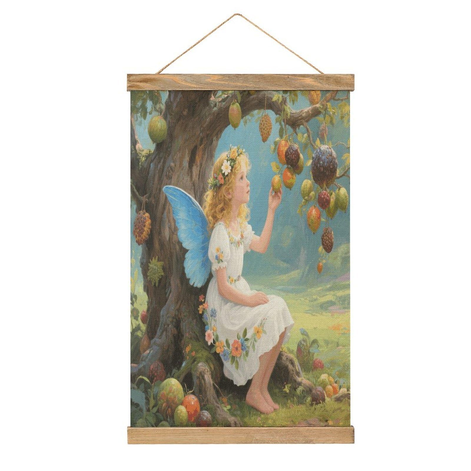 VstaDank Ancient Tree Flower Fairy Hanging Poster with Wooden Frame Modern Linen Hanging Painting Retro Style Wall Decor Art Painting for Living Room,Bedroom Decor Poster Frame 20.4x13.1inch