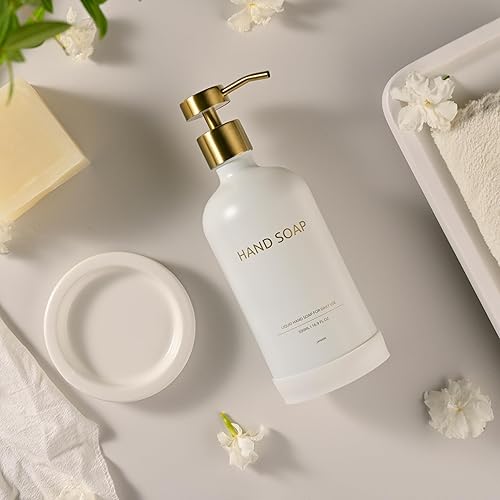 Miniatura 5 de juego de dispensador de jabón de vidrio con bandeja de cerámica, accesorios de baño de lujo, decoración moderna de cocina (blanco + dorado (jabón de