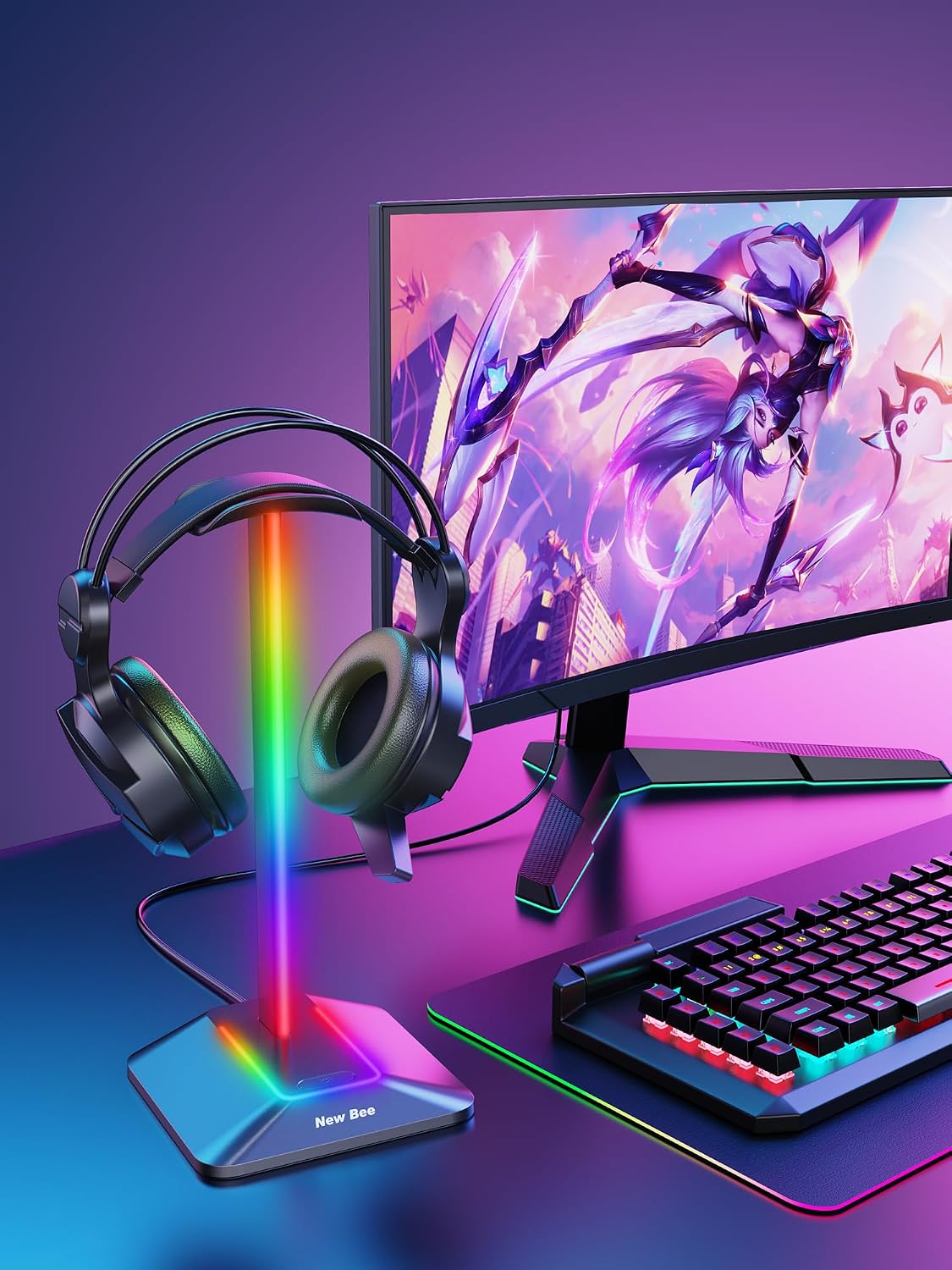 New bee RGB Headphone Stand Desk Gaming Headset Holder with 7 Light Modes and Non-Slip Rubber Base Suitable for All Earphone Accessories(Black) image 2