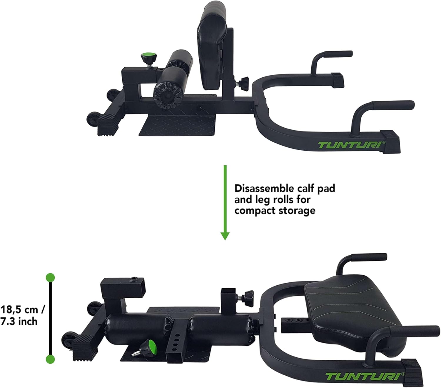 Tunturi Squat Station WT20: Sissy Squats, Sit Ups, Pushups, Calf Cushion, Leg Roller, Dip Handles, Foldable, Green, Black, Steel/Metal, Foam, Rubber