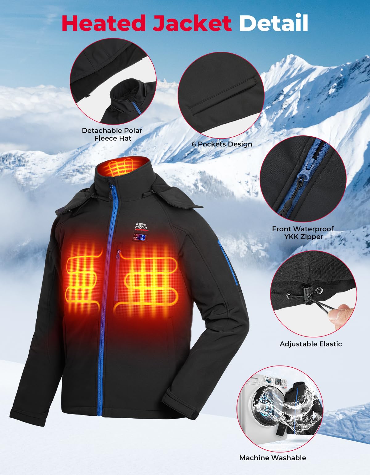 KEMIMOTO Giacca Riscaldata per Uomo Donna, Giacca Calda Riscaldata Elettrica con Batteria Esterna da 9600 mAh, per Moto Sci Pesca Escursionismo