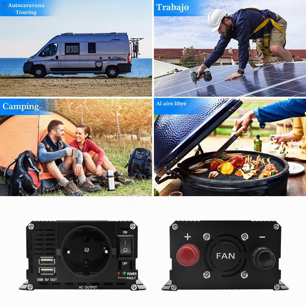 Yinleader Inversor de Corriente 12v 220v 900W Transformador LCD 2 USB - Negro