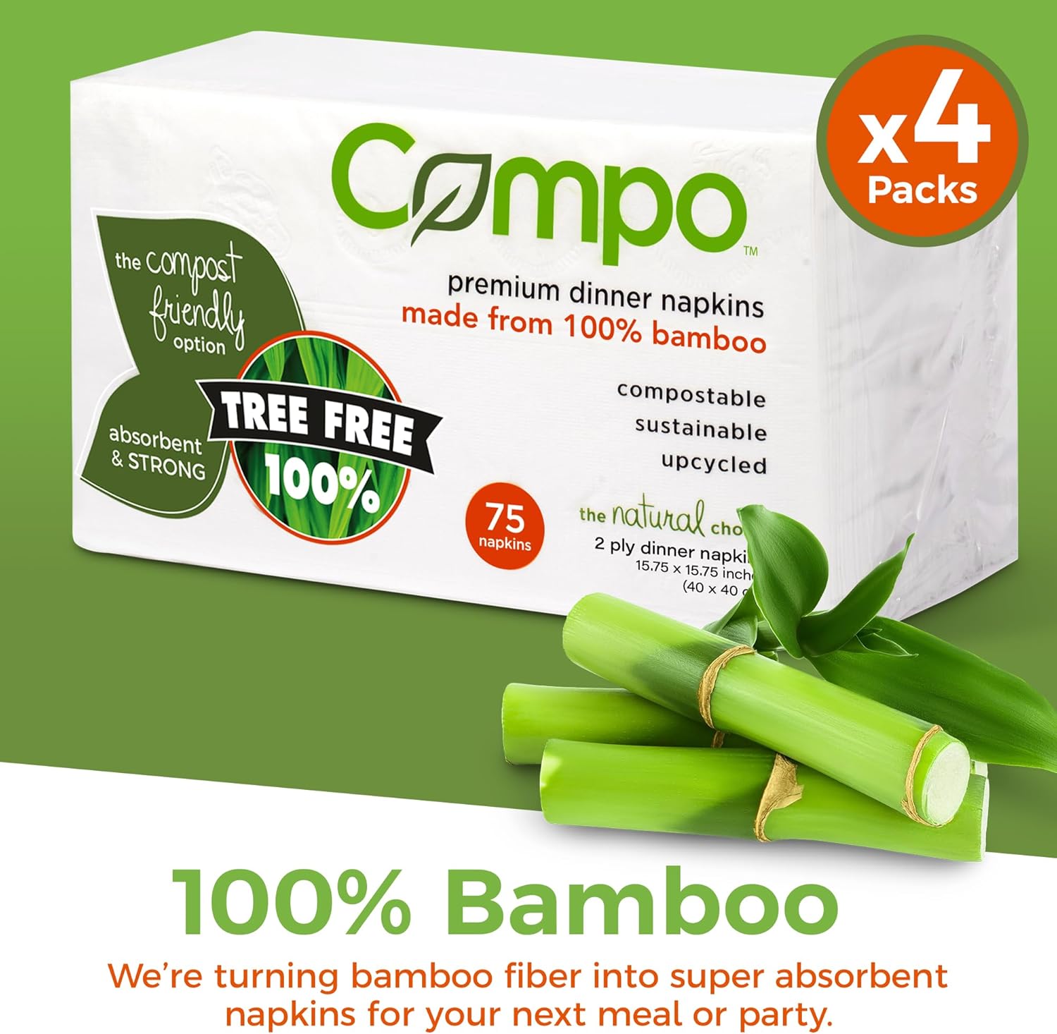 Compo Compostable Premium Dinner Napkins & Bathroom Guest Towels, Extra Absorbent 2-Ply Tree Free White Paper Napkins, Chlorine-Free, Made of Bamboo, 75 Count (Pack of 4)